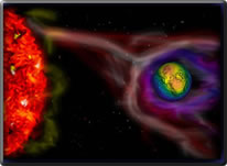 artists image of solar wind and earth's magnetic field