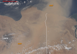 Satellite photograph depicting a large dust storm over north Africa on February 24, 2006