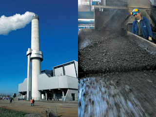 ABOVE LEFT Effective flue gas cleaning means that the 'smoke' emitted from the chimney of the AEB waste-to-energy plant is almost pure steam. PHOTO: AEB ABOVE RIGHT High-quality building materials are produced from waste in a special plant. PHOTO: AEB
