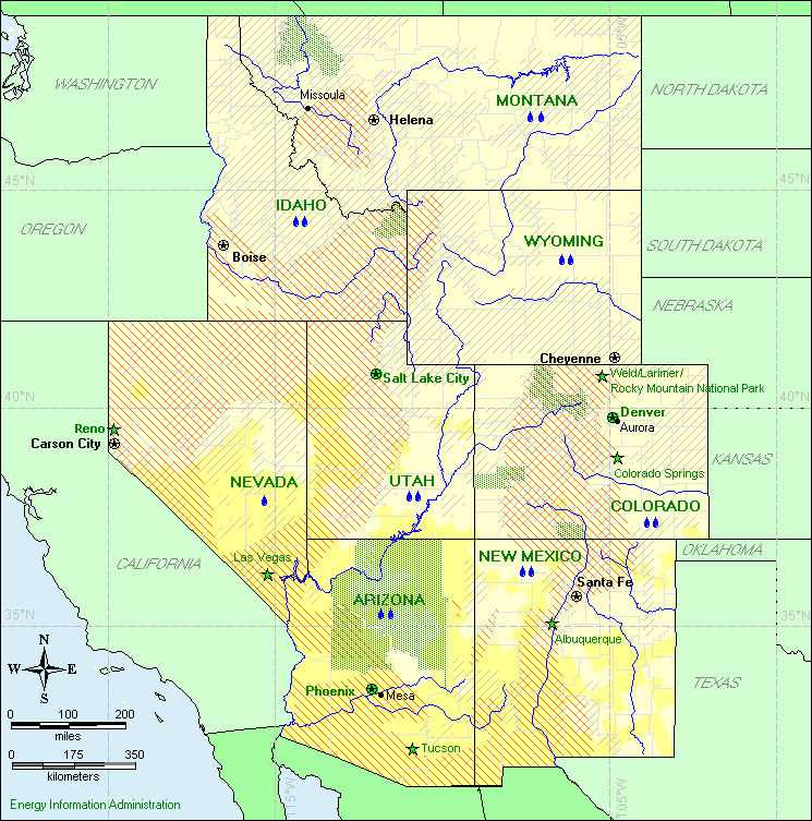 This map of the Mountain Division shows the potential for solar, geothermal, and wind energy, as well as indicators of hydroelectric, biomass, and wood energy potential.
If you have trouble reading this map, please call 1-202-586-8800.