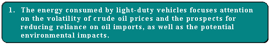 Bullet 1. The energy consumed by light-duty vehicles focuses attention on the volatility of crude oil prices and the prospects for reducing reliance on oil imports, as well as the potential environmental impacts.