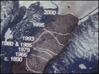 Satellite image with glacier retreat marked