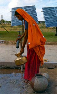 Here, solar PV systems are used to pump water in rural india.