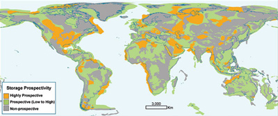 This map shows carbon dioxide storage potential around the world. Estimates of worldwide storage capacity range from 2 trillion to 10 trillion tons of carbon dioxide, according to the Intergovernmental Panel on Climate Change (IPCC) in its report on carbon capture and storage. Global emissions in 2004 totaled 27 billion tons, according to the U.S. Department of Energys Energy Information Administration.