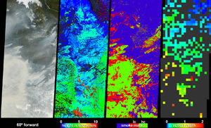 MISR views of Alaskan wildfires in July 2004 show multiple fire front locations, and the height, extent and amount (optical depth) of the smoke. MISR and MODIS tracked this smoke cross-country as far as New England.