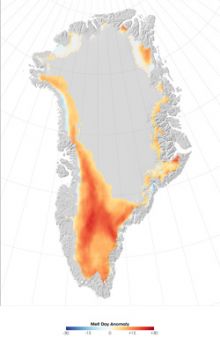 Microwave data from the Special Sensor Microwave Imaging radiometer was used to create this image of the 2007 Greenland melting anomaly which reflects the difference between the number of melting days occurring in 2007 and the average number of melti ...