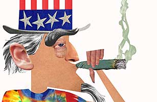 Illustration of Uncle Sam smoking marijuana.