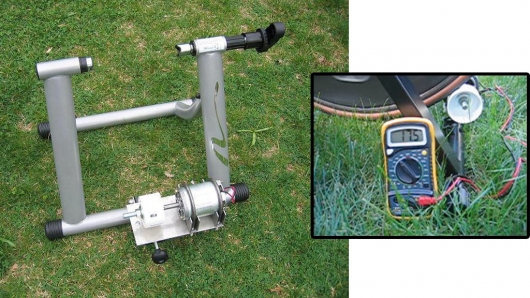 The Pedal-A-Watt and, inset, connected to a bike and voltmeter to show how much power is b...