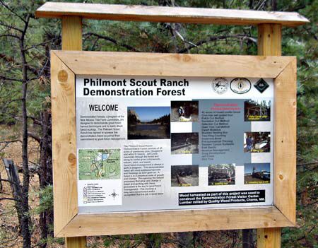 A kiosk provides information on a 45-acre "demonstration forest." The New Mexico Tree Farm program and New Mexico State Forestry assisted the Philmont Scout Ranch in developing the project.