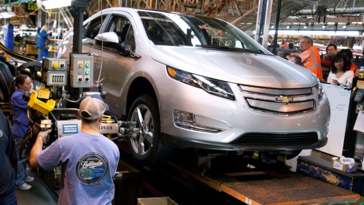 The first pre-production Chevrolet Volt (pictured here) moves along the assembly line at t...