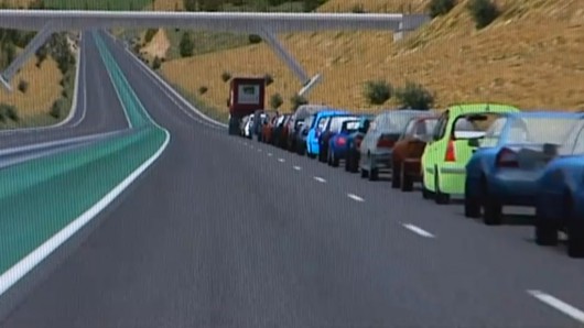 The system being tested in a road train simulator