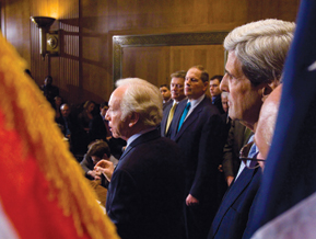 Joe Lieberman and John Kerry speak on the climate bill. | AP 