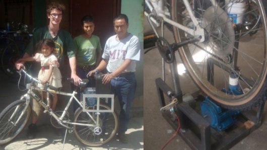 Jon Leary and friends, with his mobile bicycle-powered pump