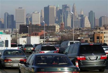 Morning traffic crawls towards Manhattan on the third day of the 