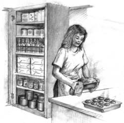 Drawing of woman baking bread and muffins.