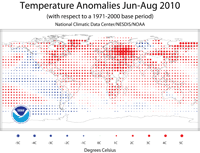 Temperature Anomolies, June - August 2010