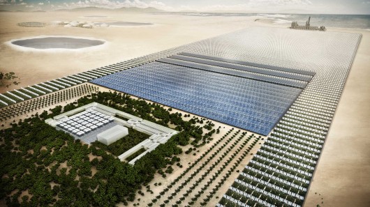 Conceptual illustration of the Sahara Forest Project that will produce fresh water, electr...