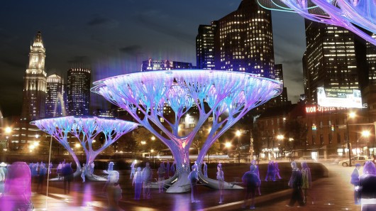 At night, multi-color lighting enhances the beauty of the Treepods structures