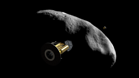Artists impression of an Arkyd-200 series interceptor passing a candidate asteroid for min...