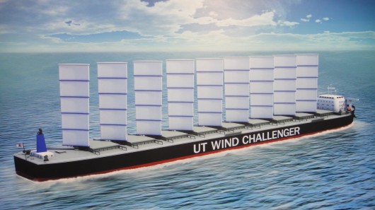 Depiction of a cargo ship equipped with the Wind Challenger Project system of sails
