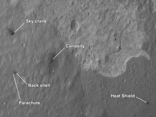 Landing and impact sites of various parts of Curiosity Descent stage (Image: NASA/JPL-Calt...