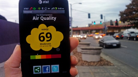 The CitiSense sensor provides smartphone users with real-time air quality readings for the...