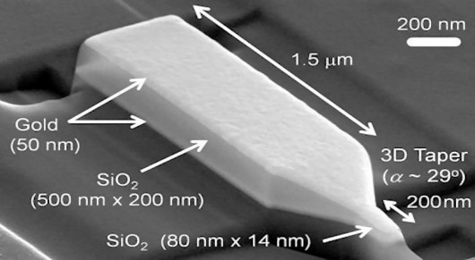 CalTech's new nanofocusing plasmonic waveguide is a tapered silica glass structure covered...