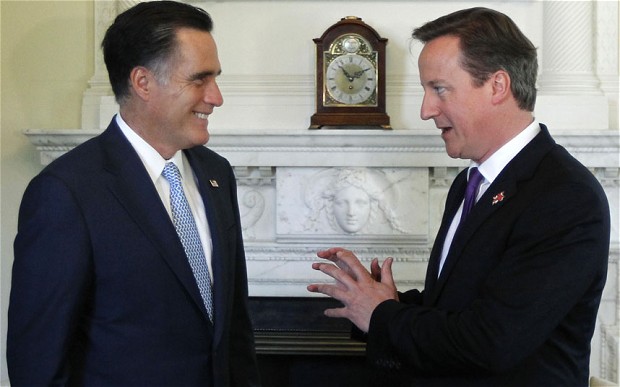 David Cameron and Mitt Romney talk inside 10 Downing Street