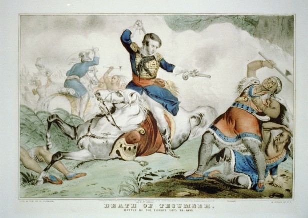 This print shows Col. R.M. Johnson using a pistol to kill Tecumseh during the War of 1812, at the battle of the Thames in Ontario, Canada.