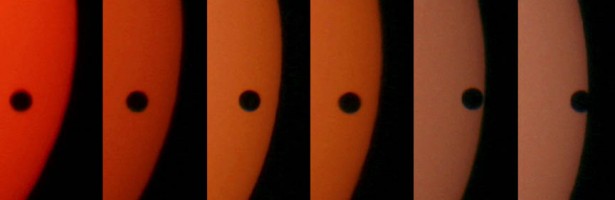 The transit of Venus from June 8, 2004, in this series of six exposures taken in a 38 minute span beginning at 6:34 a.m. on the left and ending at 7:12 am on the right, photographed in Clinton County near Wilmington, Ohio. The second of the pair of twice-a-century transits occurs on June 5 and 6, 2012, in the afternoon and morning, respectively.