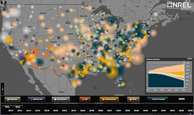 Screen capture of a dynamic map that is animated to display the transformation of the electric sector in 2010 through 2050