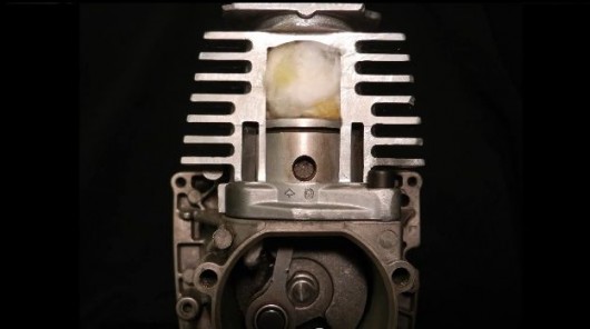 A cut-away view of the prototype HydroICE engine, with cotton batten indicating how steam ...