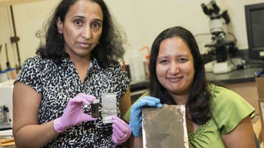 Rice University researchers Madhuri Thakur, left, and Sibani Lisa Biswal with their crushe...