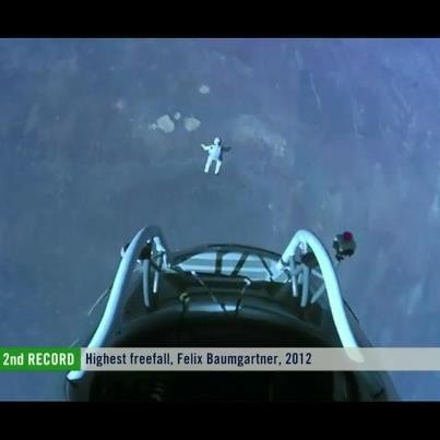 Baumgartner about a second after jumping from the Stratos capsule (Photo: Red Bull Stratos...