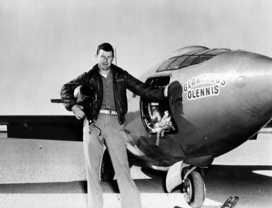 Retired US Air Force Major General Chuck Yeager together with 'Glamorous Glennis,' the Bel...