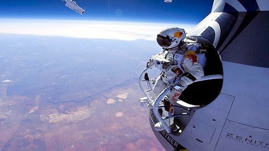 Felix Baumgartner prepares to skydive from an unofficial altitude of 128,097 feet (39 km) ...
