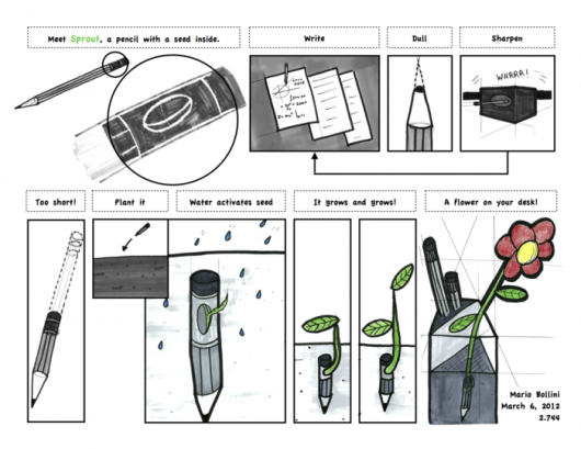 An illustration showing the whole process from pencil to plant
