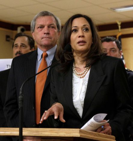 Attorney General Kamala Harris, discusses her support for a measure by State Sen. Mark DeSaulnier, D-Concord, lefty, that would impose a fee on medical care providers, drug manufacturers and health insurance plans to provide money to upgrade a substance-abuse tracking systems, at a  Capitol news conference in Sacramento, Calif., Monday, April 15, 2013.  Harris says that an estimated $3.8 million is need to upgrade the system which allows pharmacist to quickly review patients substance history as a way to deter drug abuse. Photo: AP