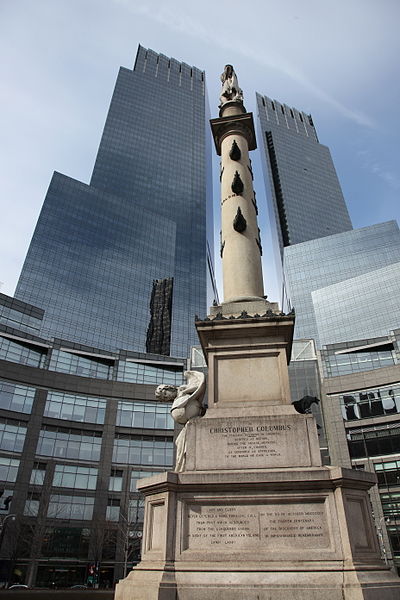 Statue for Christopher Columbus in Columbus Circle in New York City with the Time Warner Center in the background. (Wikimedia)