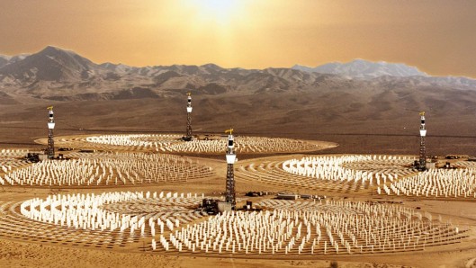 Artist's conception of a commercial hydrogen production plant that uses sunlight to split ...