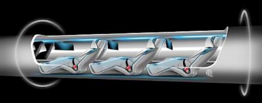 Cutaway view of a Hyperloop capsule full of passengers moving through the transport tube