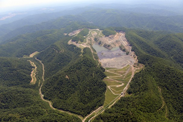 An aerial photograph taken in southern West Virginia in May shows one effect of mountaintop-removal mining: a slurry pond at a mining site.