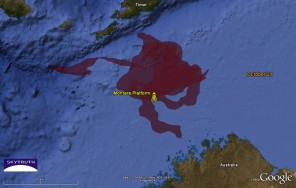 Cumulative oil slick footprint in the Timor Sea as of Oct. 21, 2009, based on SkyTruth analysis of satellite imagery.