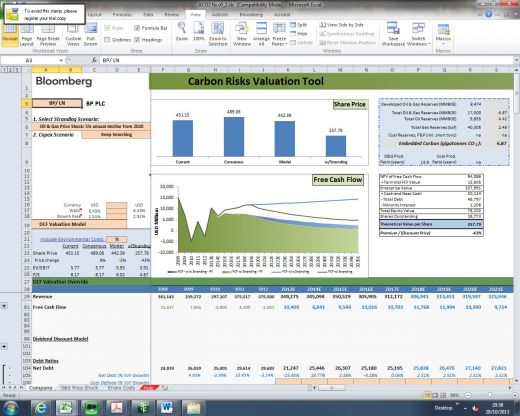 Stranded Carbon? Looking at oil giant BP using Bloomberg's tool, one scenario would "strand" some of the company's reserves, cut free cash flow after 2020 and erase 43% of its stock value. Credit: Bloomberg