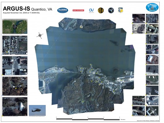 An ARGUS-IS display board, showing the entire surveilled area together with 19 targeted vi...