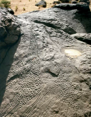 A male and female giraffe rendered in sandstone, in the Sahara. The larger giraffe is 18 feet tall. (Bradshaw Foundation, Geneva)