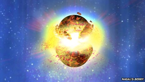 An artists impression of the merger of two neutron stars