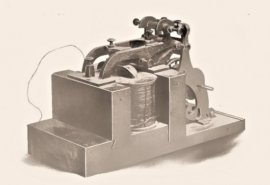 Early photograph of the Morse-Vail telegraph receiver used in their 1844 demonstration of ...