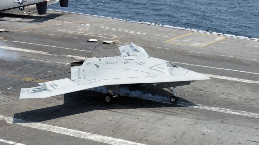 The X-47B making the first UAV arrested carrier landing