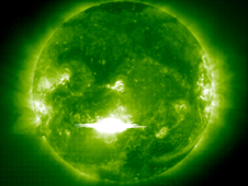 The Solar and Heliospheric Observatory (SOHO) spacecraft captured this image of a solar flare -- the third most powerful ever observed in X-ray wavelengths -- as it erupted from the sun early on Tuesday, October 28, 2003.